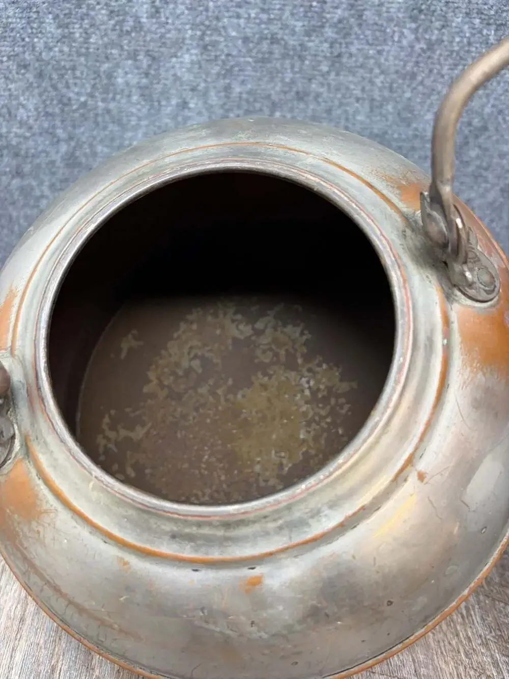 Antique Rome Copper and Nickel Plated Tea Kettle with Green Knob and Wood Handle